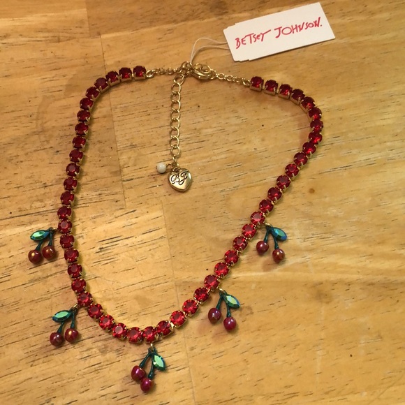 Betsey Johnson Gold Tone Red Crystal Tennis Necklace With Cherry Charms NWT - Picture 12 of 12